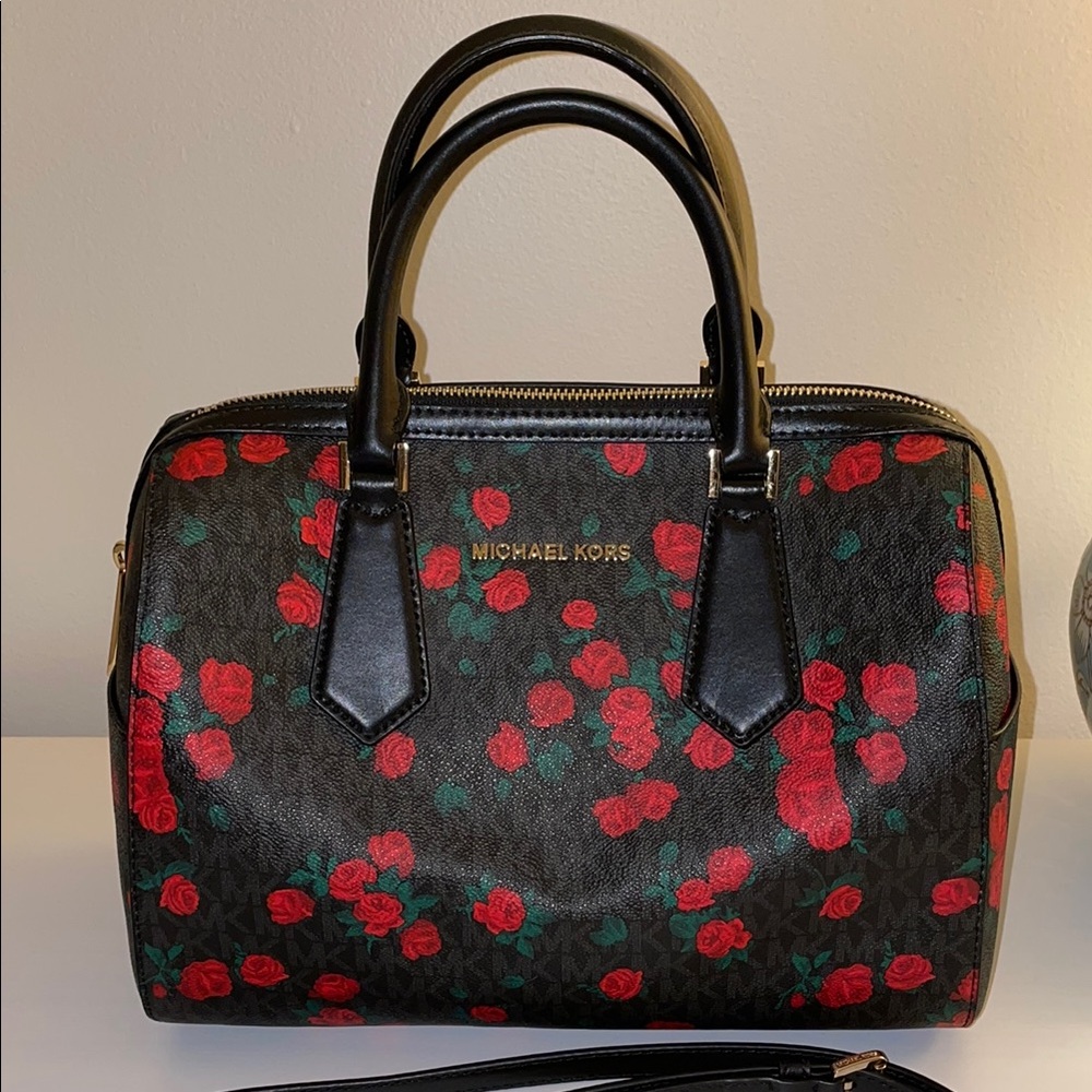 Donated ✅ Michael Kors Black and Red Floral Women's Bag With Wallet